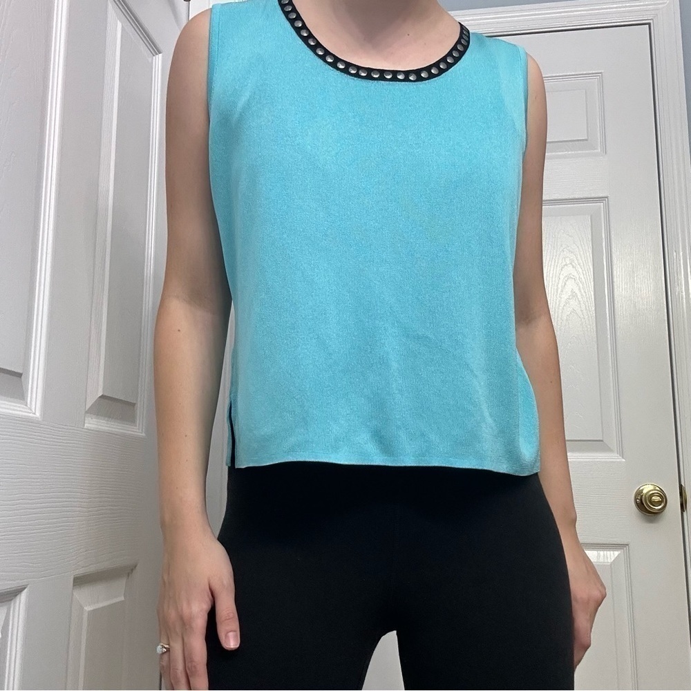 Ming Wang Top Knit Sleeveless Blue Work Minimalist Preppy Chic Designer Medium
